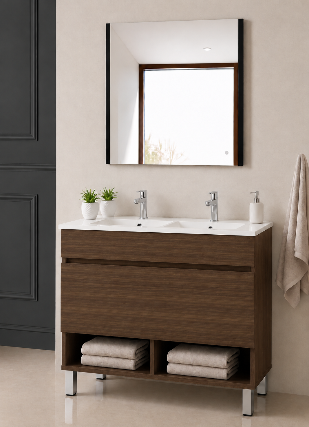 Badmeubel met poten NEBARI met lade en extra platte wastafel