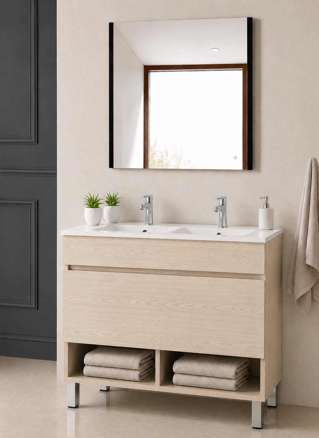 Badmeubel met poten NEBARI met lade en extra platte wastafel