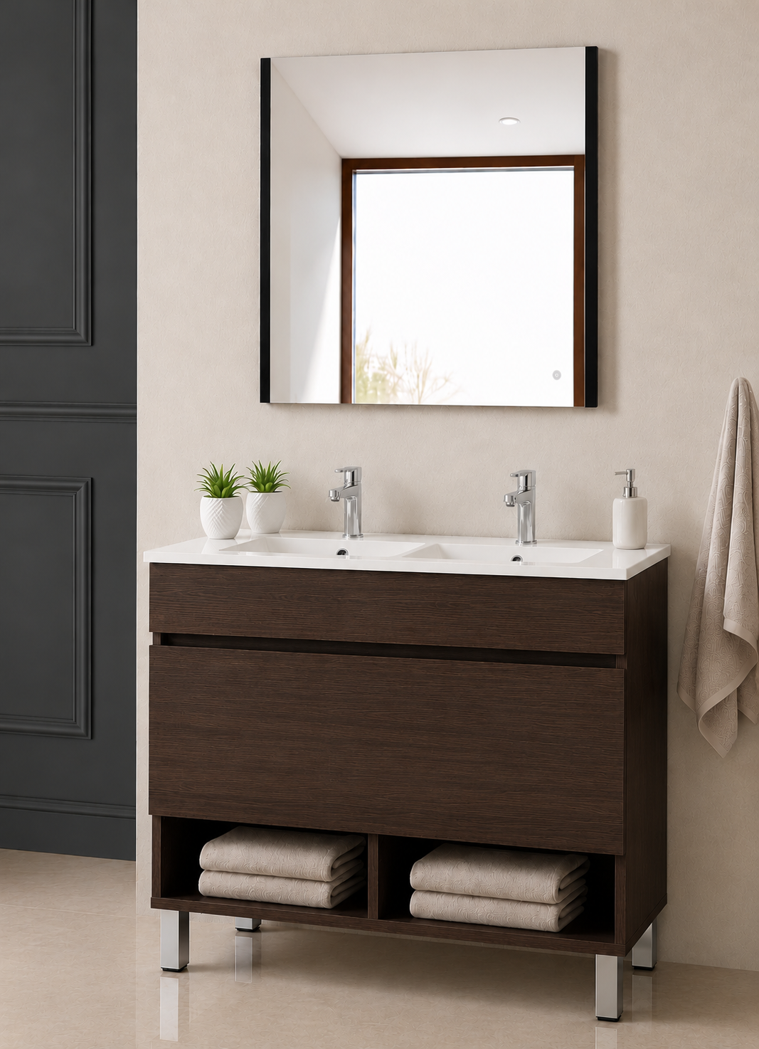Badmeubel met poten NEBARI met lade en extra platte wastafel