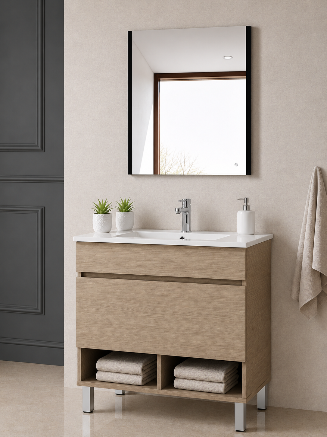 Badmeubel met poten NEBARI met lade en extra platte wastafel