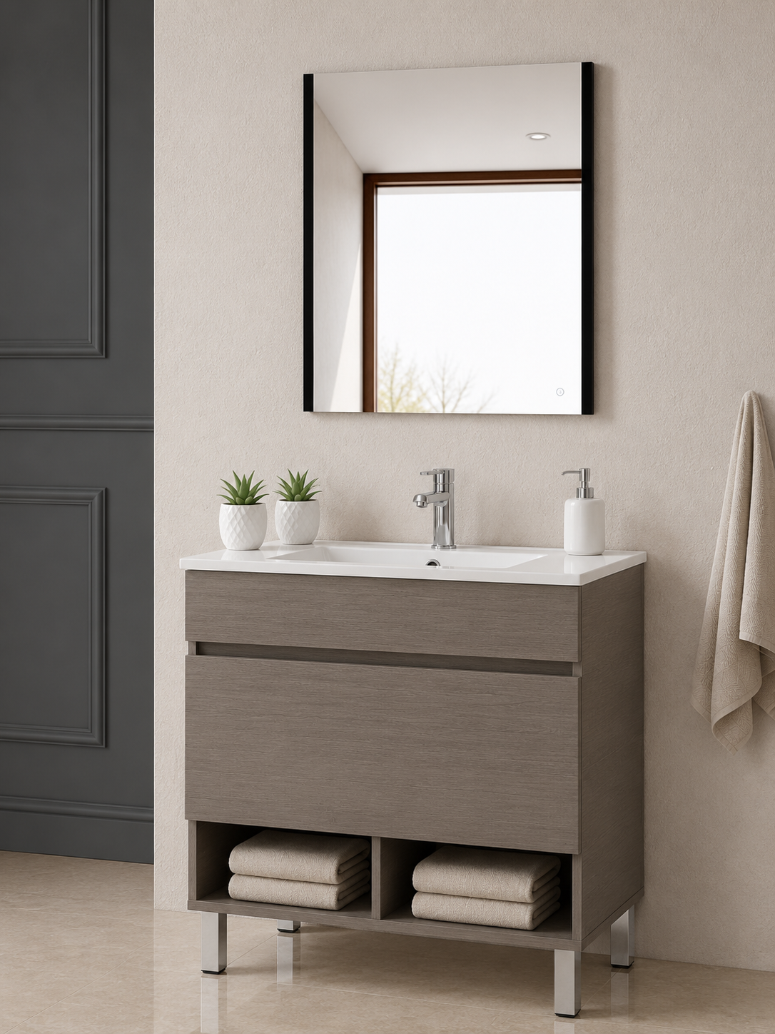 Badmeubel met poten NEBARI met lade en extra platte wastafel