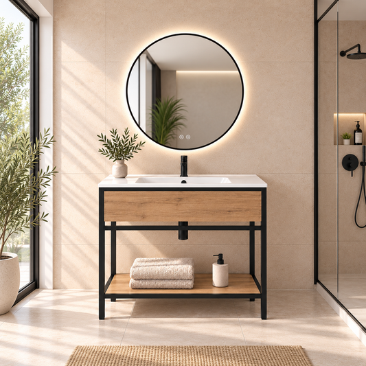 DORIA [1S] Vista frontal, lavabo integrado y espejo ARES Black
