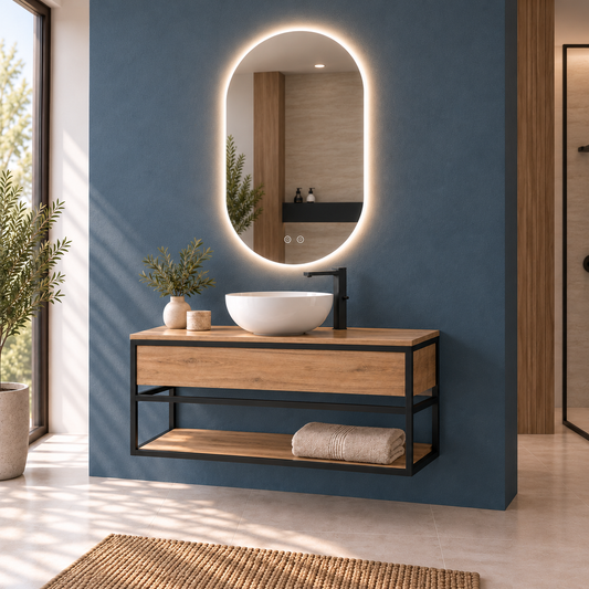 DORIA [1S] Mueble de baño DORIA suspendido con balda y lavabo sobreencimera, vista de ángulo