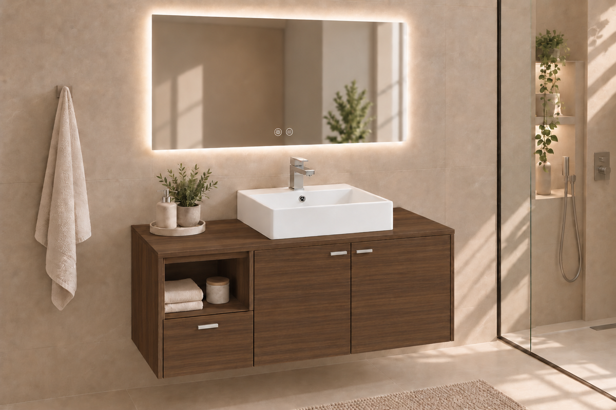 Mueble de baño NAXOS en Fresno Tea con lavabo Libra y tiradores