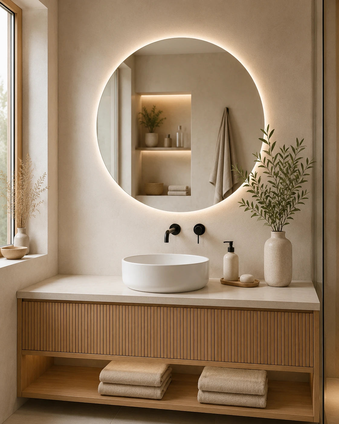 LED-spiegel in een warme badkamer